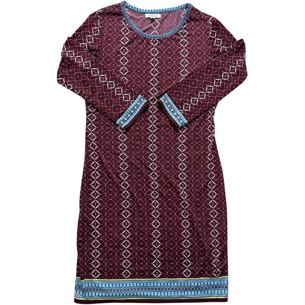 Max Studio Burgundy Geometric Print Knit Sheath Dress With Contrast Trim Size XS